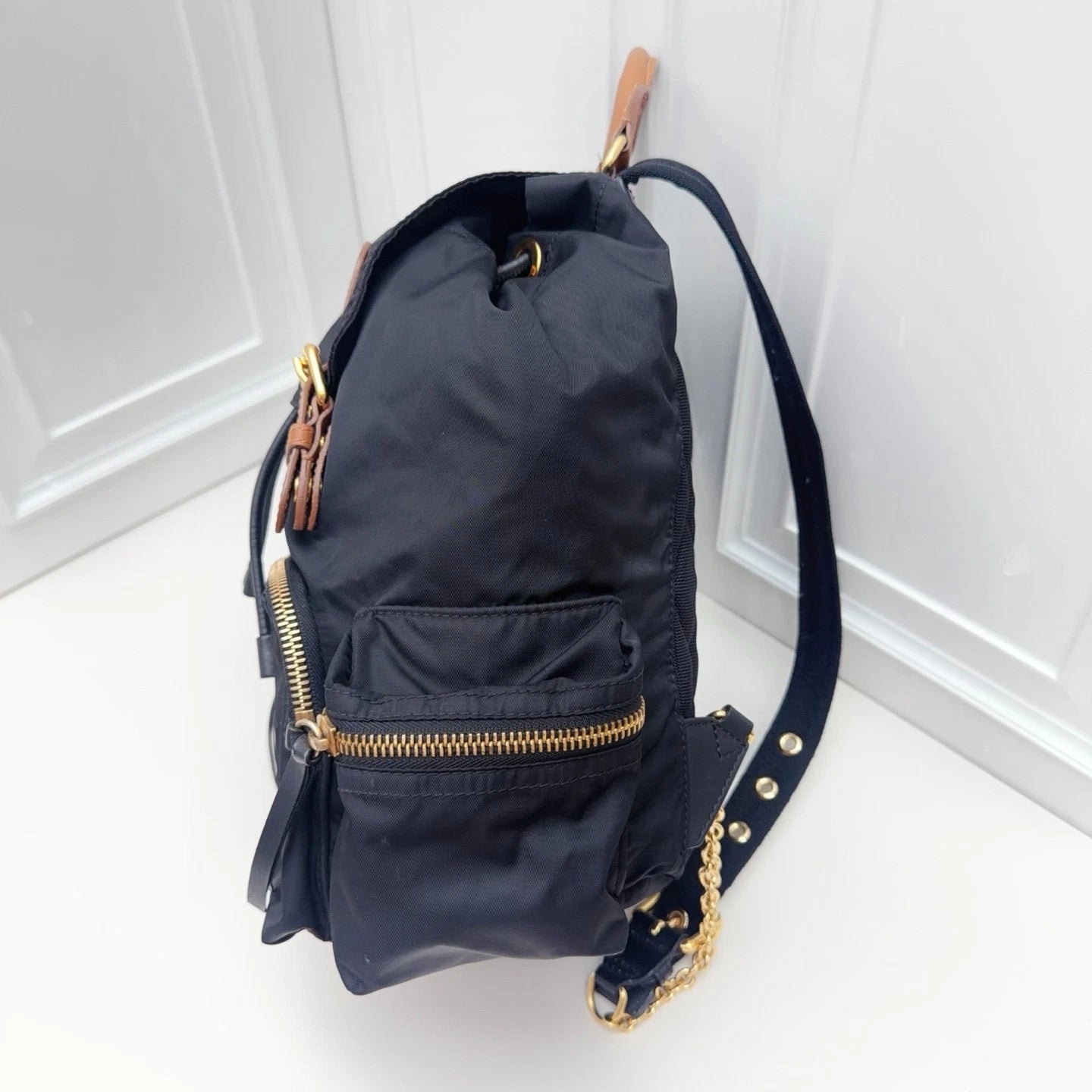 BURBERRY Nylon Backpack Black brown Gold Hardware Unisex Adults Classic