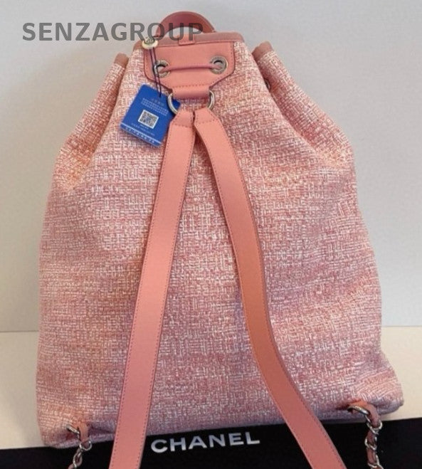 Chanel Canvas Calfskin Bucket Backpack Bag Pink Silver Used Women Classic
