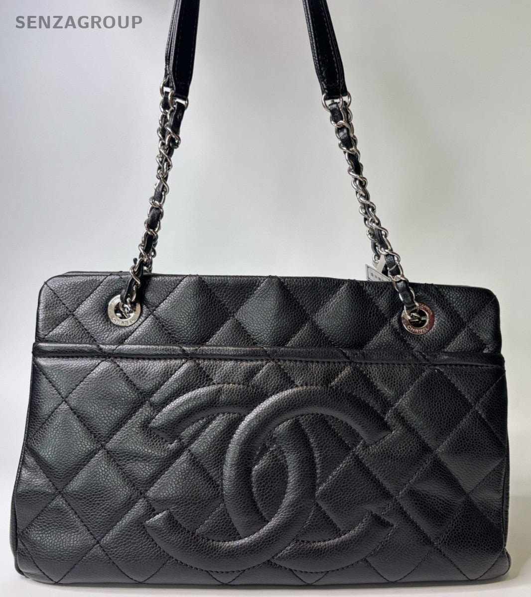 Chanel GST CC Logo Chain Calfskin Tote Shoulder Bag Black Silver Women Classic