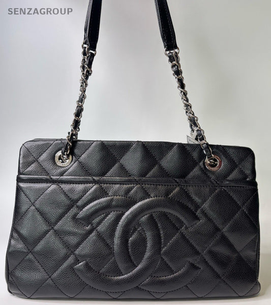 Chanel GST CC Logo Chain Calfskin Tote Shoulder Bag Black Silver Women Classic