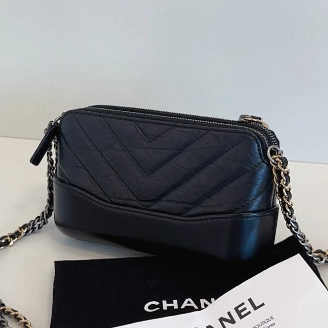 Chanel Gabrielle Chain Shoulder Bag Crossbody Black Gold Chevron Women Classic