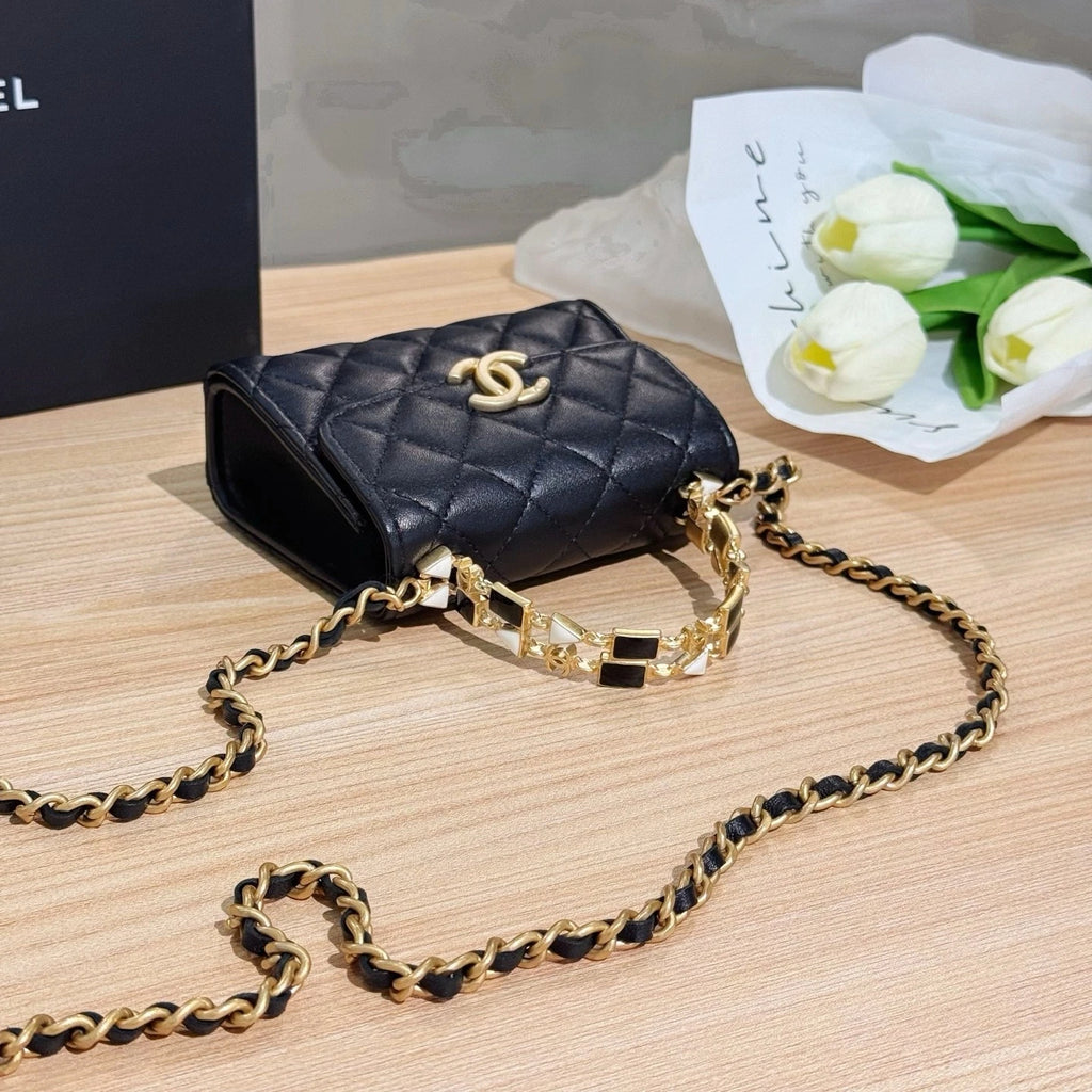 CHANEL Leather Black Gold Kelly Mini Top Handle Bag For Women