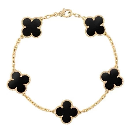 New Van Cleef &amp; Arpels Vintage Alhambra 5 Motifs Clover Bracelet Onyx 18k YG