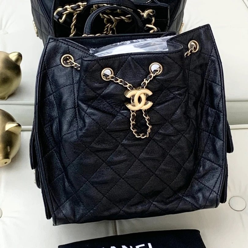 Chanel Calfskin Backpack PM Diamond Chain Top Handle Bag Black Gold Women S