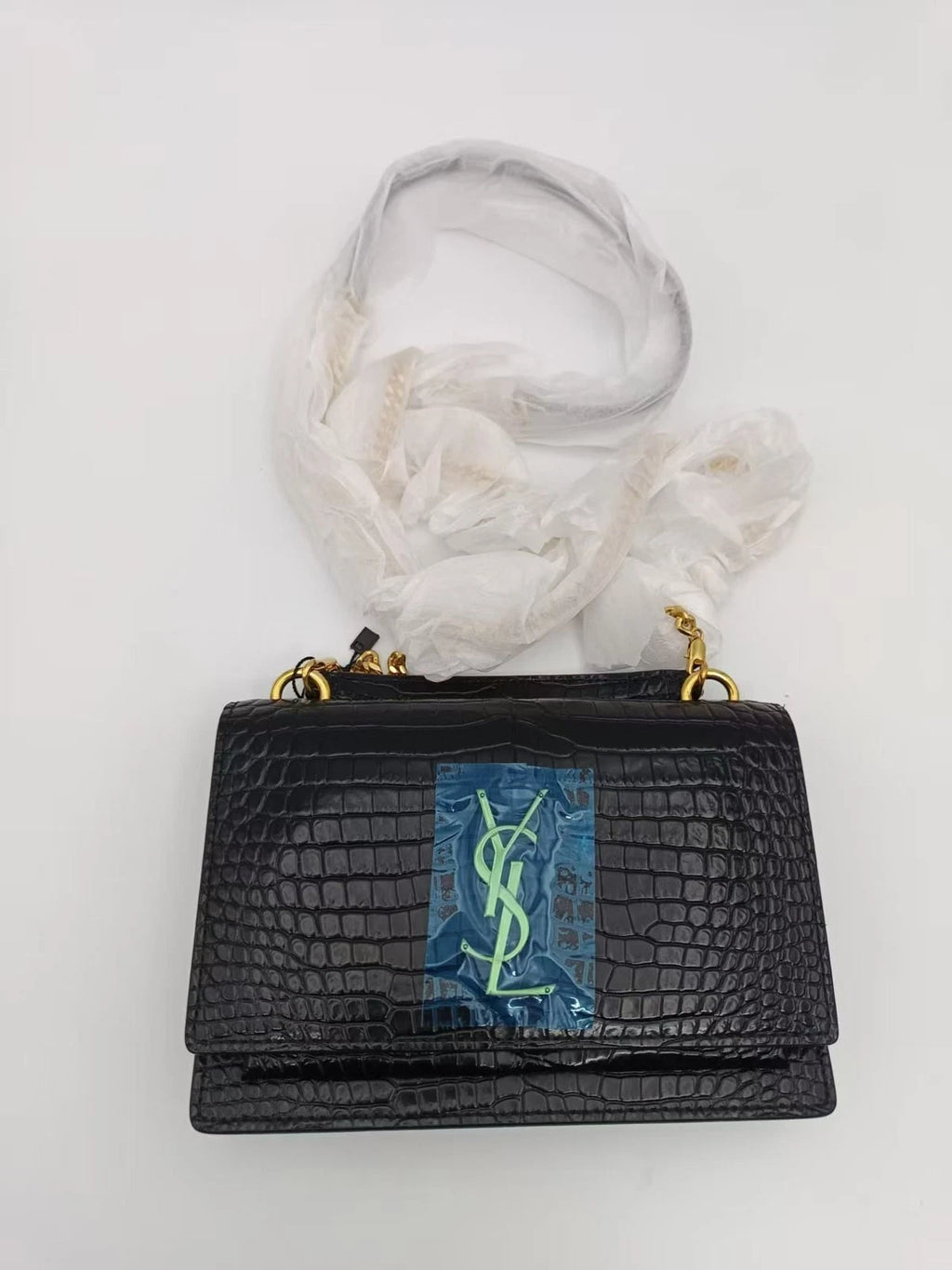 Saint Laurent Croc Embossed Calfskin Gold Logo Chain Wallet For Women