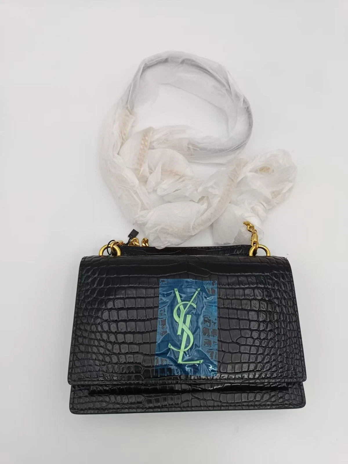 Saint Laurent Croc Embossed Calfskin Gold Logo Chain Wallet For Women