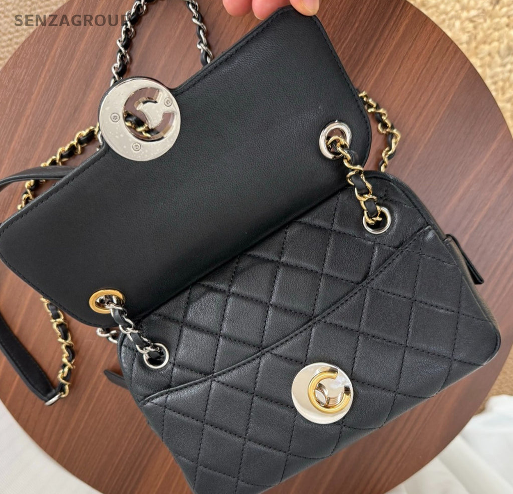 Chanel Diamond PM Calfskin Camera Chain Shoulder Bag Black Gold Women Classic