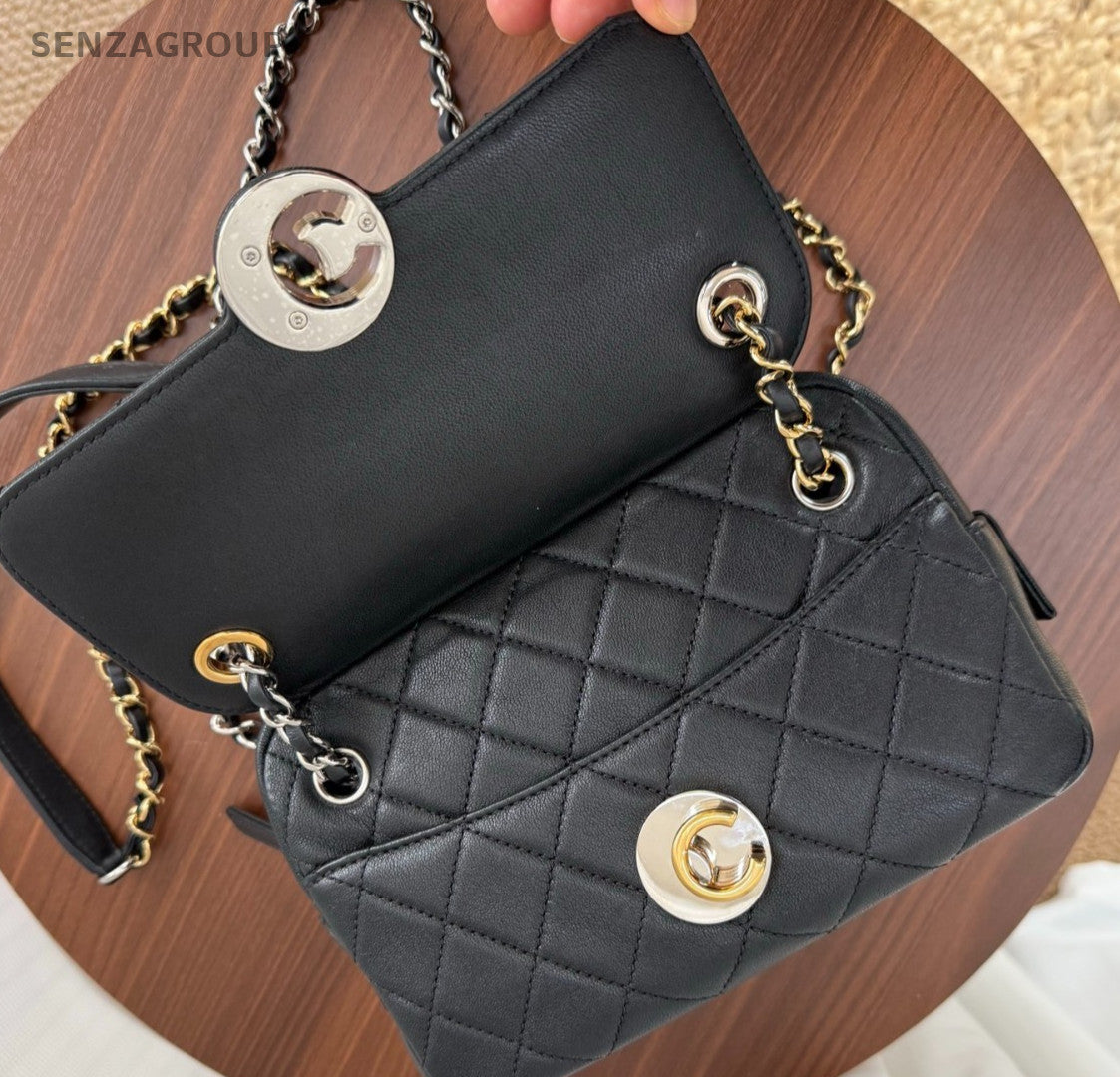 Chanel Diamond PM Calfskin Camera Chain Shoulder Bag Black Gold Women Classic