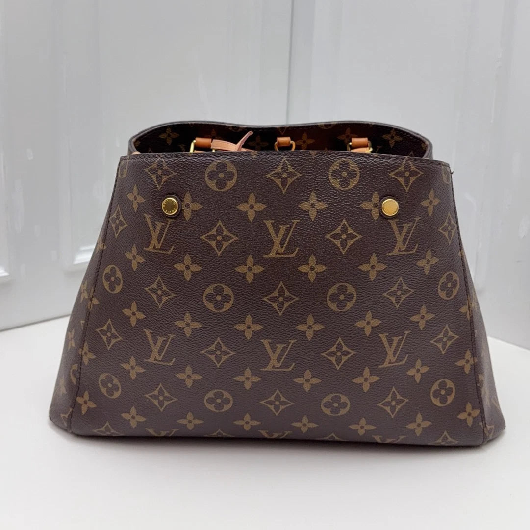 Louis Vuitton Montaigne MM Monogram Top Handle Crossbody Brown Gold Women