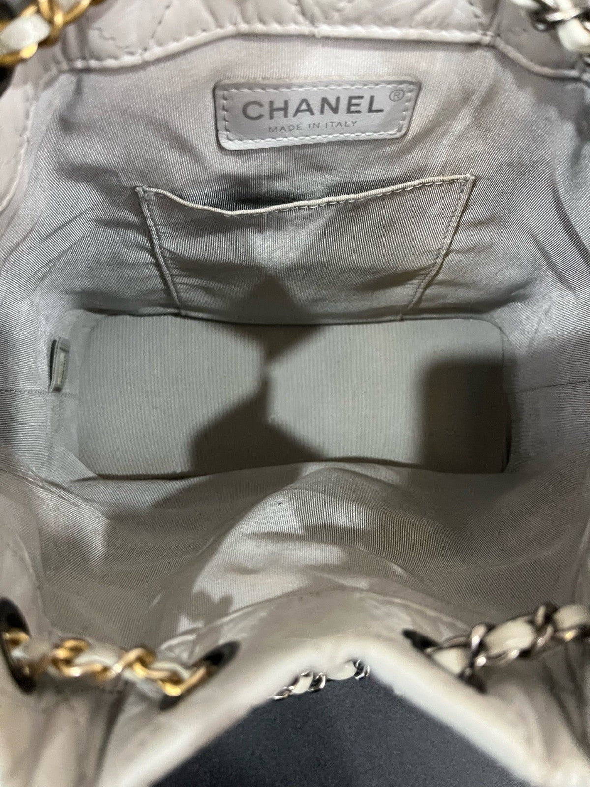 CHANEL Gabrielle PM Backpack Drawstring Chain Shoulder bag White Gold Women