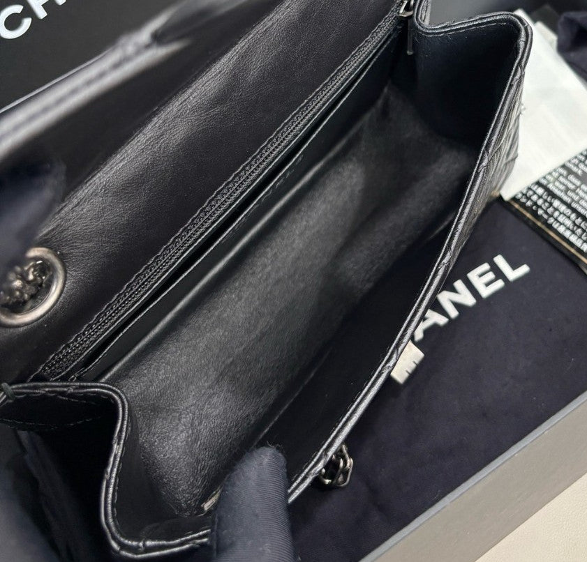 Chanel 2.55 Mini Chain Shoulder Bag Crossbody Black Silver Diamond Women Classic