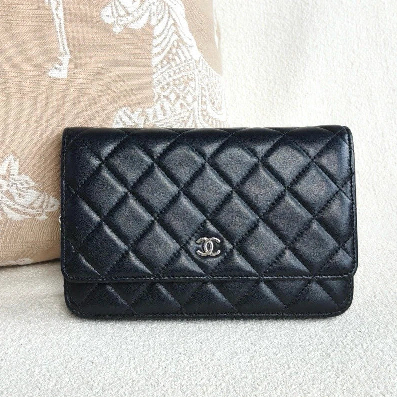 Chanel WOC Lambskin Chain Crossbody Black Silver Diamond Women Classic