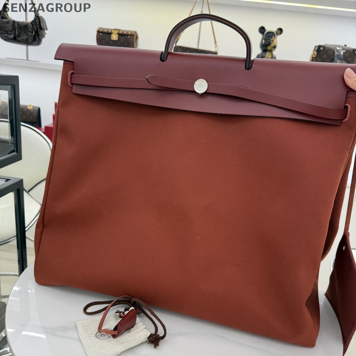 Hermès Herbag 50 Canvas Brick Red Silver Hardware Tote Shoulder Bag Women