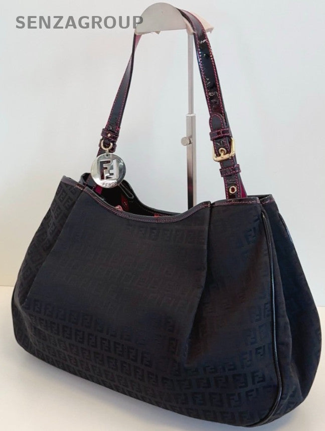 Fendi Classic Monogram Logo Shoulder Handbag Black Canvas