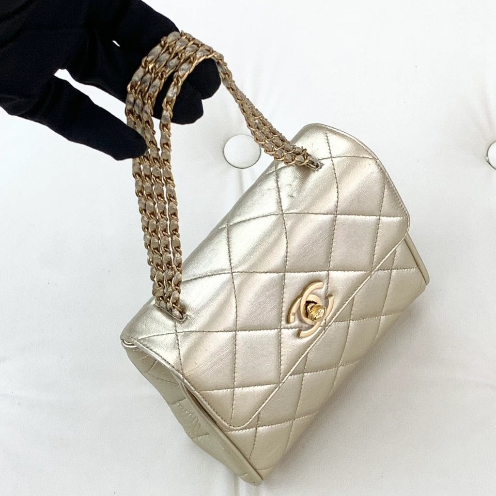 Chanel Lambskin Chain Top Handle Bag Diamond Gold Women Classic S