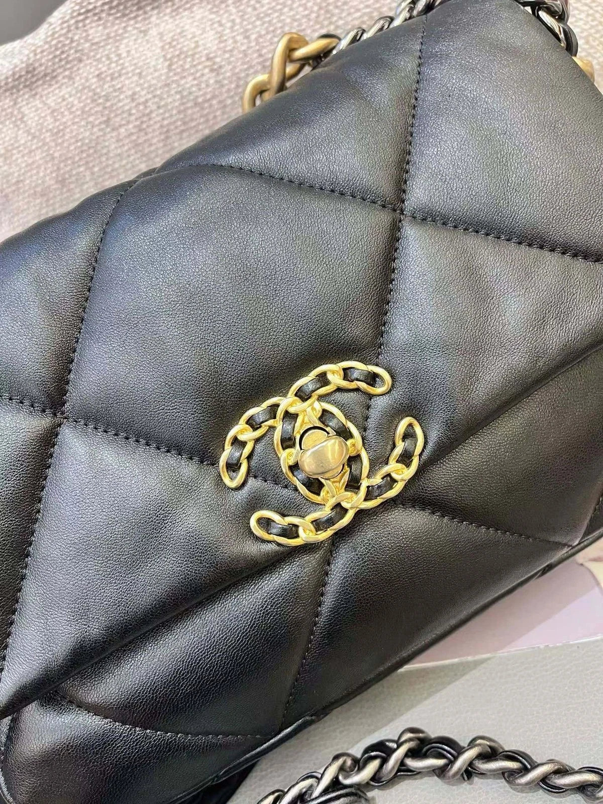 Chanel 19Bag PM Chain Top Handle Crossbody Black Gold Diamond Women Classic