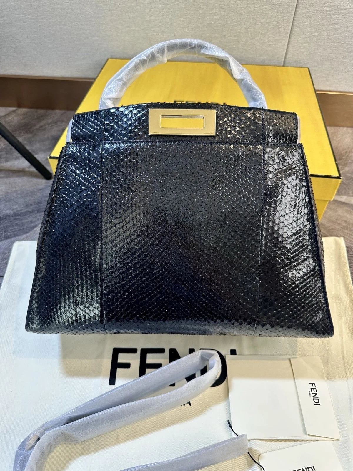 Fendi Peekaboo Medium Navy Snakeskin Shoulder Crossbody Women