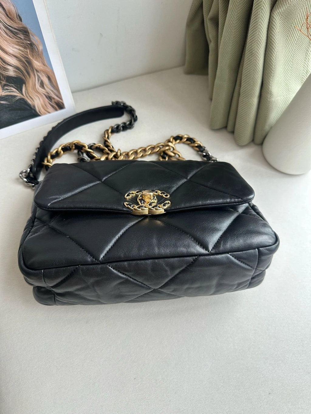 CHANEL 19Bag Small Black Gold Shoulder Crossbody Handbag Women