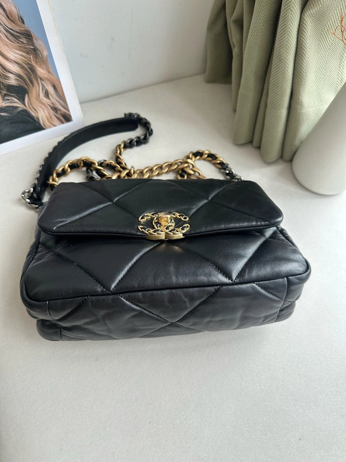 CHANEL 19Bag Small Black Gold Shoulder Crossbody Handbag Women