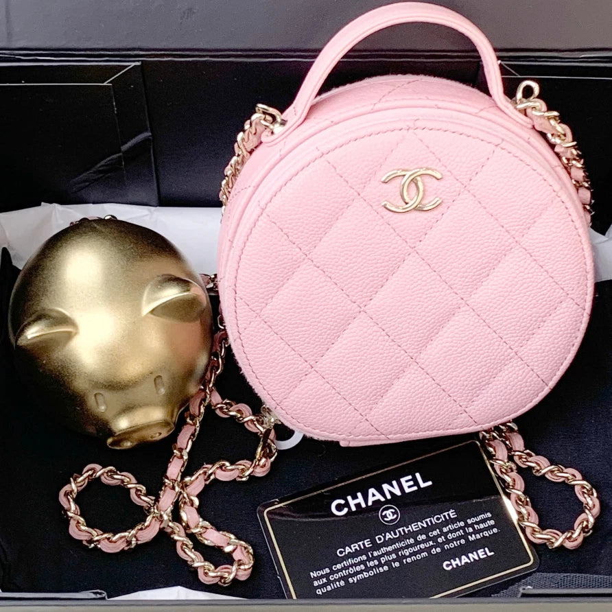 Chanel Calfskin Chain Top Handle Crossbody Bag Pink Gold Women Classic S