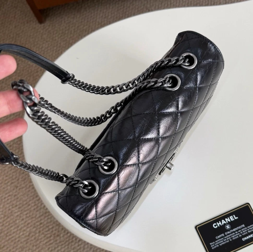 Chanel Diamond Chain Shoulder Bag Crossbody Used Women Black Silver
