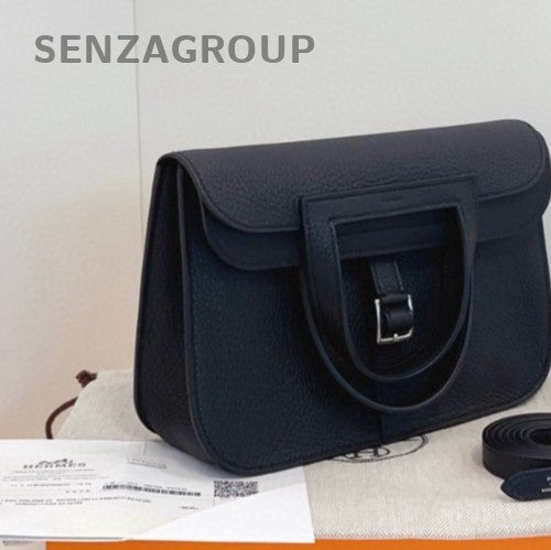 Hermes Halzan25 TC Leather Top Handle Shoulder Bag Black Silver Women Classic