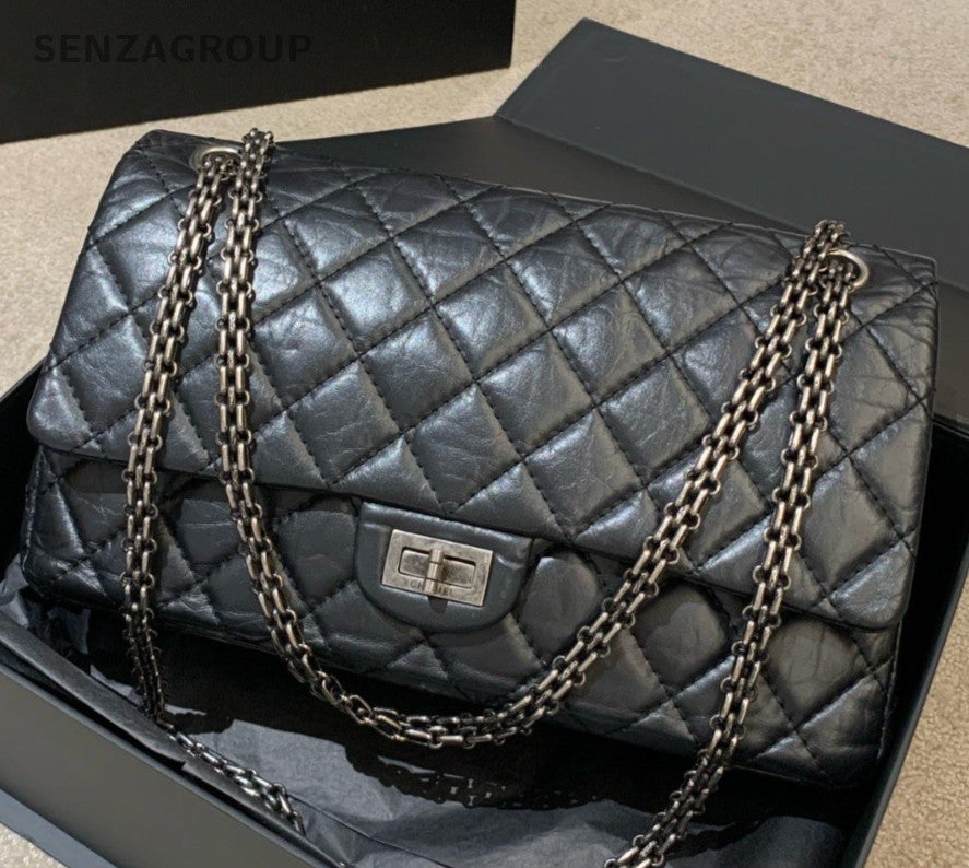 Chanel Diamond MM Chain Calfskin Shoulder Bag Black Silver Women Classic