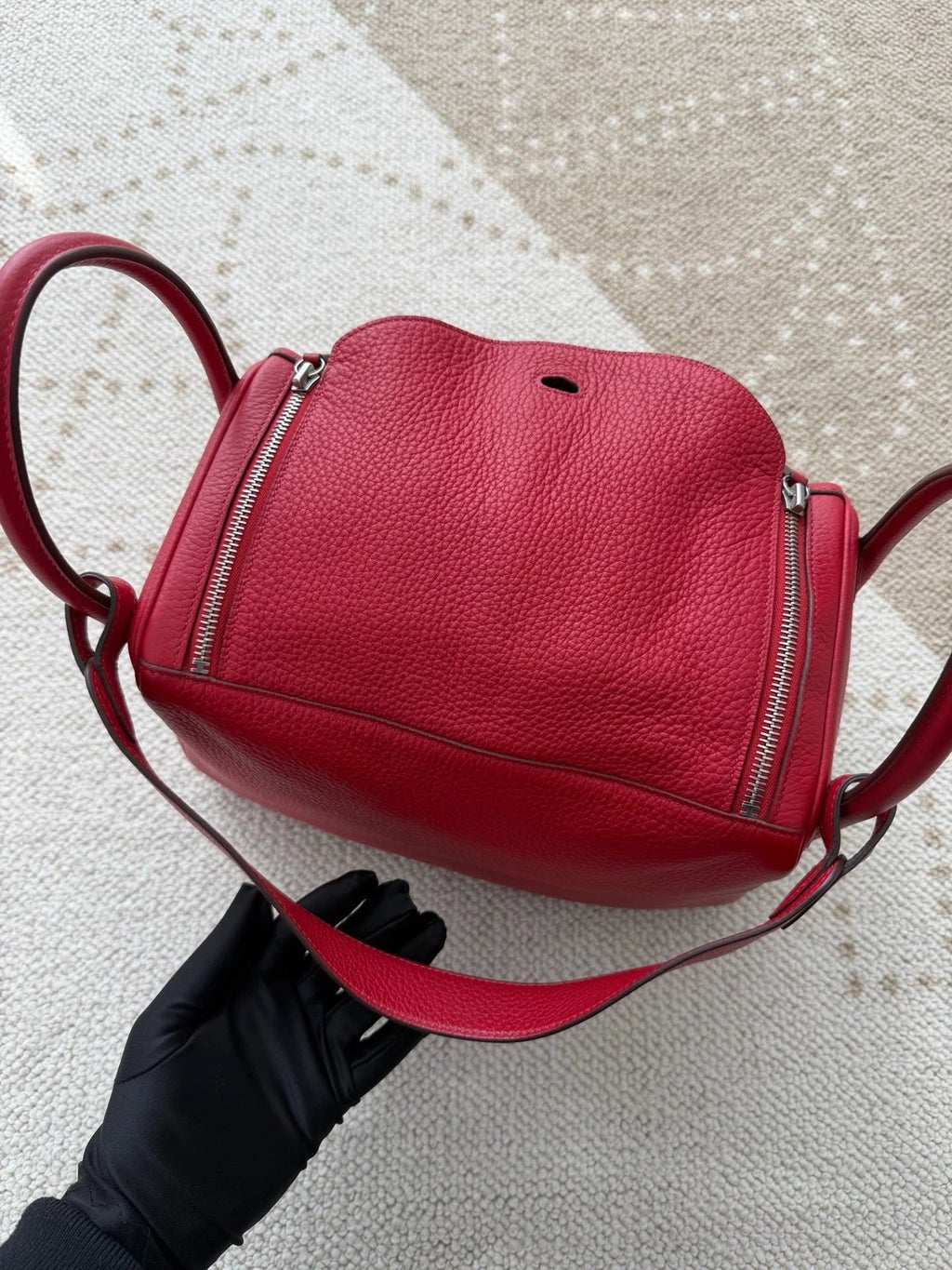 Hermes Lindy30 TC Leather Top Handle Shoulder Bag Red Silver Women Classic