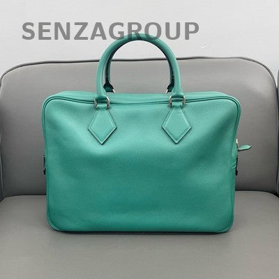 Hermès Plume Green Silver Hardware Calfskin Briefcase Handbag Women's Fashion