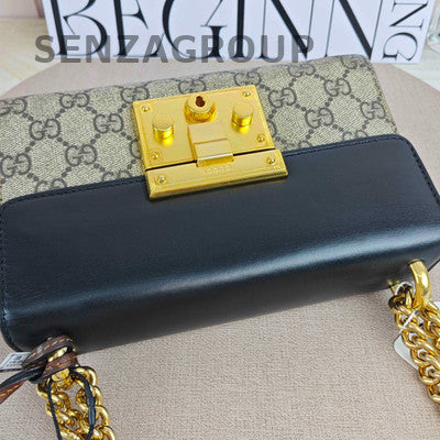 Gucci GG Marmont Padlock Small Shoulder Bag Black Brown Gold Chain