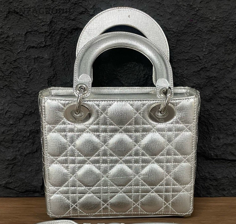 Christian Dior Lady Dior Calfskin Top Handle Bag Crossbody Silver Women Classic