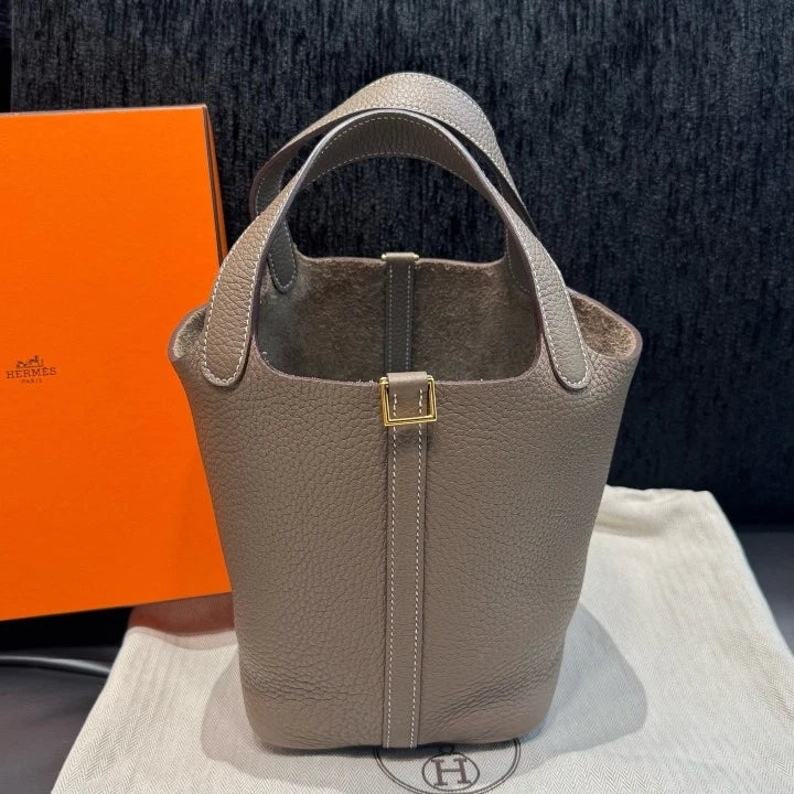 Hermes Bucket 18 Gray Top Handle Bag Gold Hardware Women Classic D