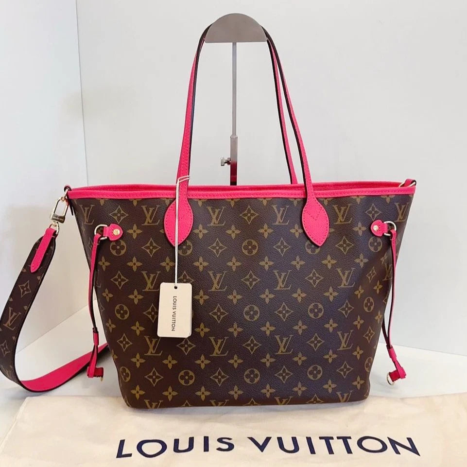Louis Vuitton Neverfull MM Tote Shoulder Bag Monogram Canvas Brown Pink Women