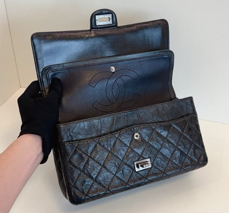 Chanel 2.55 MM Chain Shoulder Bag Crossbody Black Silver Women Classic