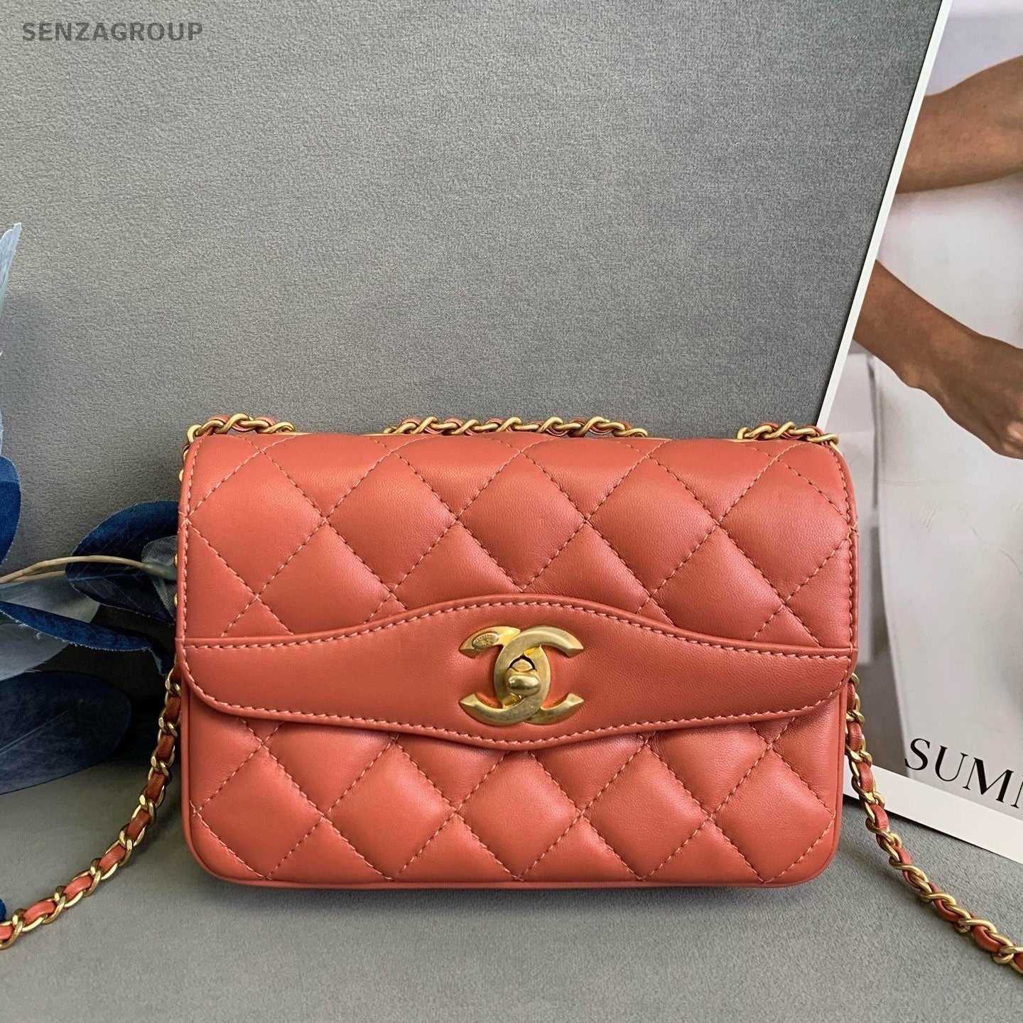CHANEL Diamond pattern Cuban orange-red Chain Shoulder bag Crossbody Women