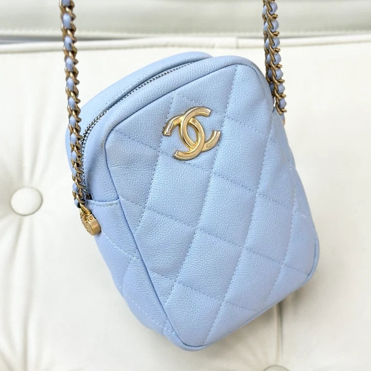 Chanel Calfskin Diamond Chain Crossbody Blue Gold Used Women Classic S