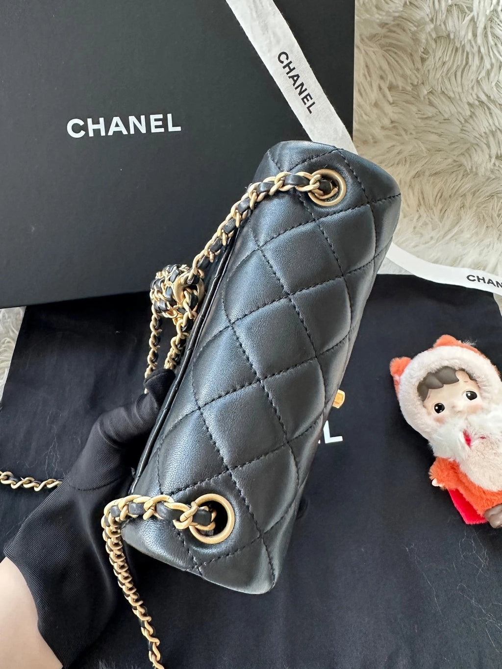 CHANEL Black Lambskin Gold Chain Square Crossbody Bag For Women