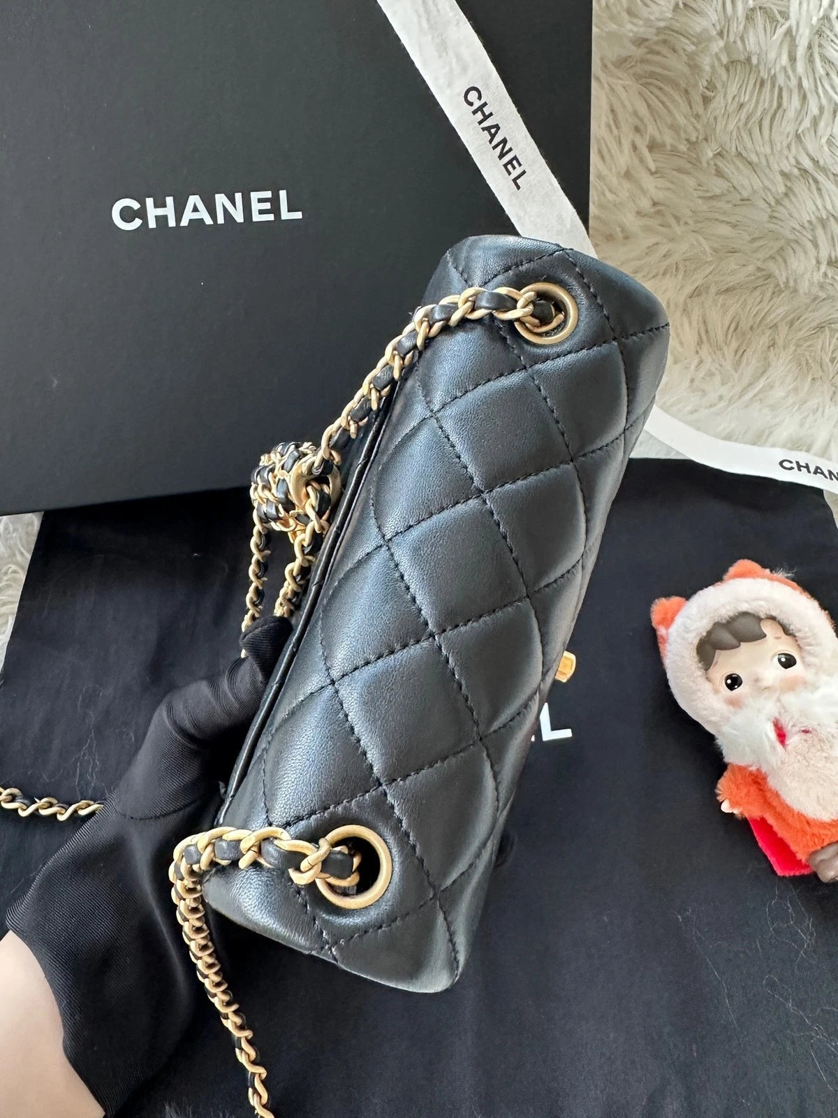 CHANEL Black Lambskin Gold Chain Square Crossbody Bag For Women