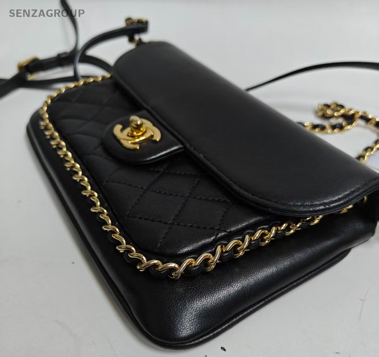 Chanel Timeless Diamond Chain Shoulder Bag Crossbody Black Gold Women Classic