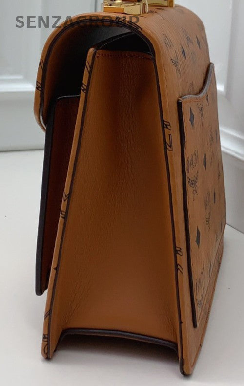 Mcm PM Top Handle Bag Shoulder Bag Crossbody Brown Gold Women Classic