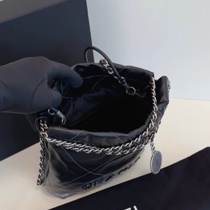 Chanel 22Bag Mini Chain Top Handle Shoulder Crossbody Black Silver Women Classic
