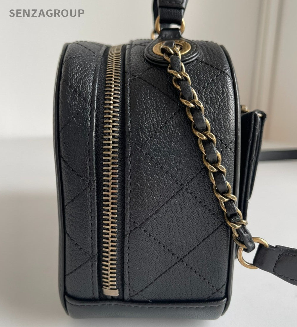 Chanel Calfskin Chain Top Handle Bag Crossbody Black Gold Women Classic