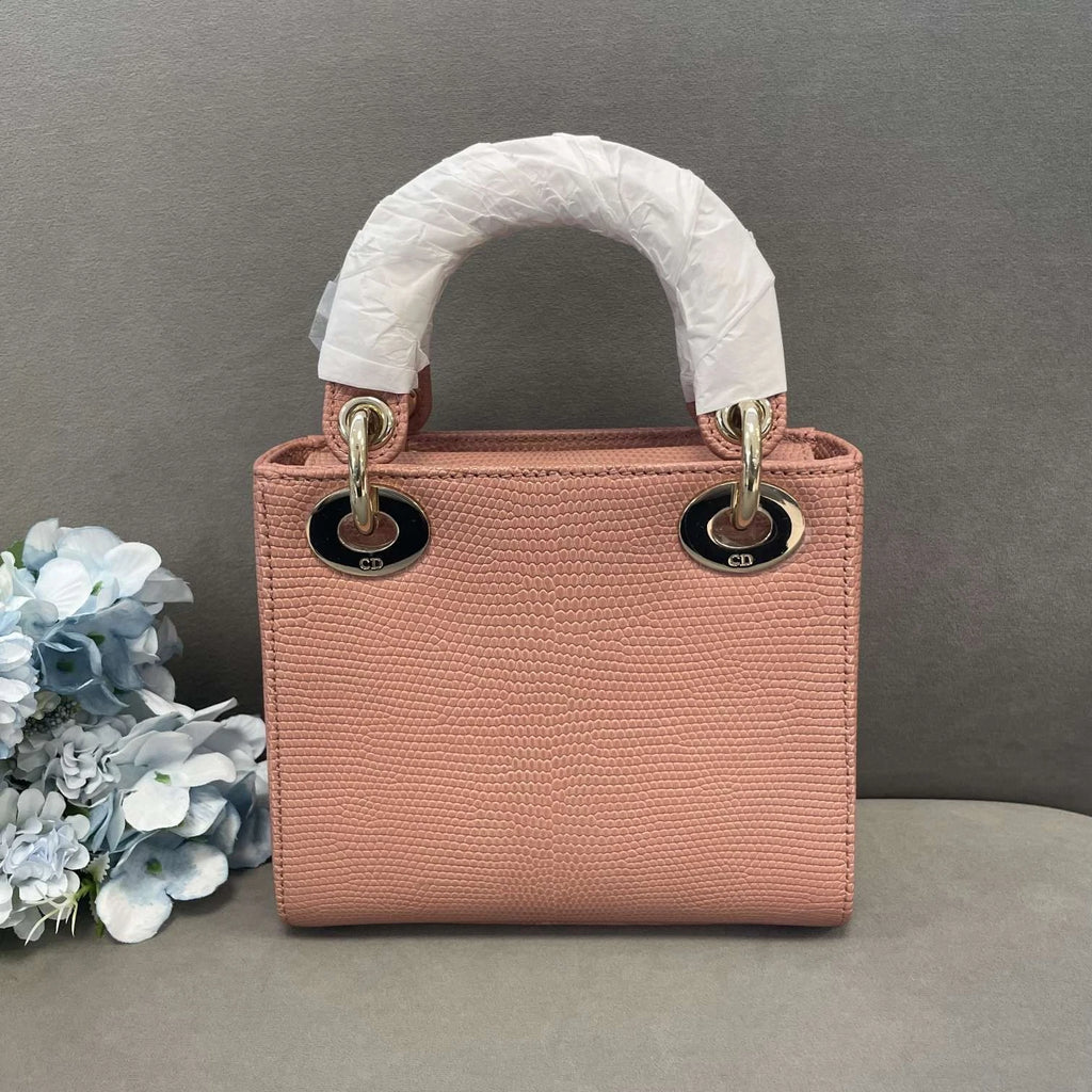 Dior Pink Lizard Leather Lady Dior Gold Hardware Top Handle Bag Women