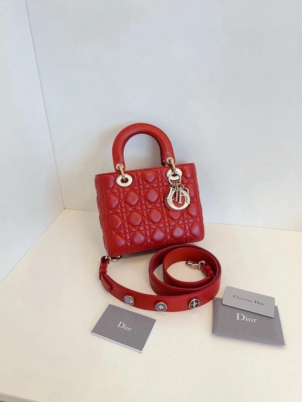 Dior Lady Dior Leather Red Shoulder Bag Excellent