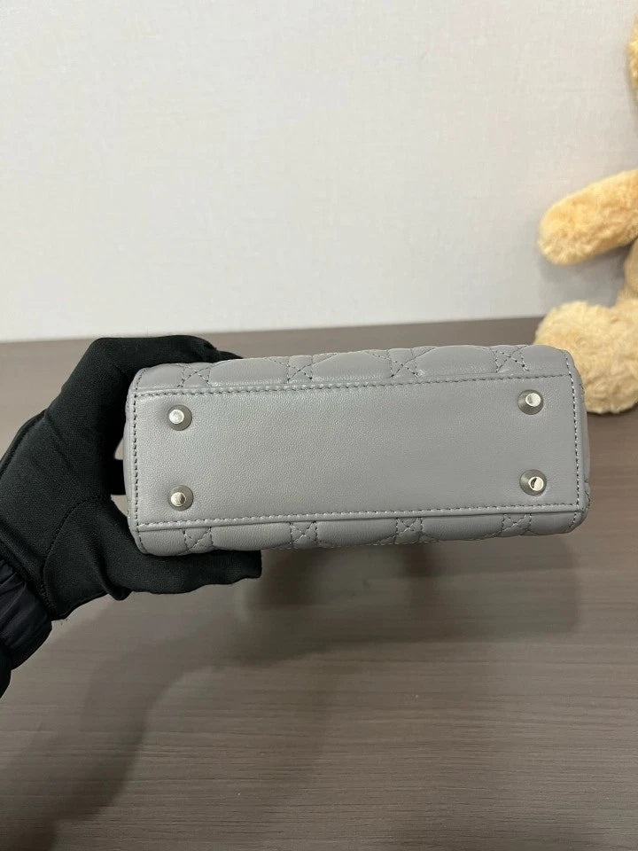 Dior Gray Leather Lady Dior Top Handle Shoulder Bag For Women