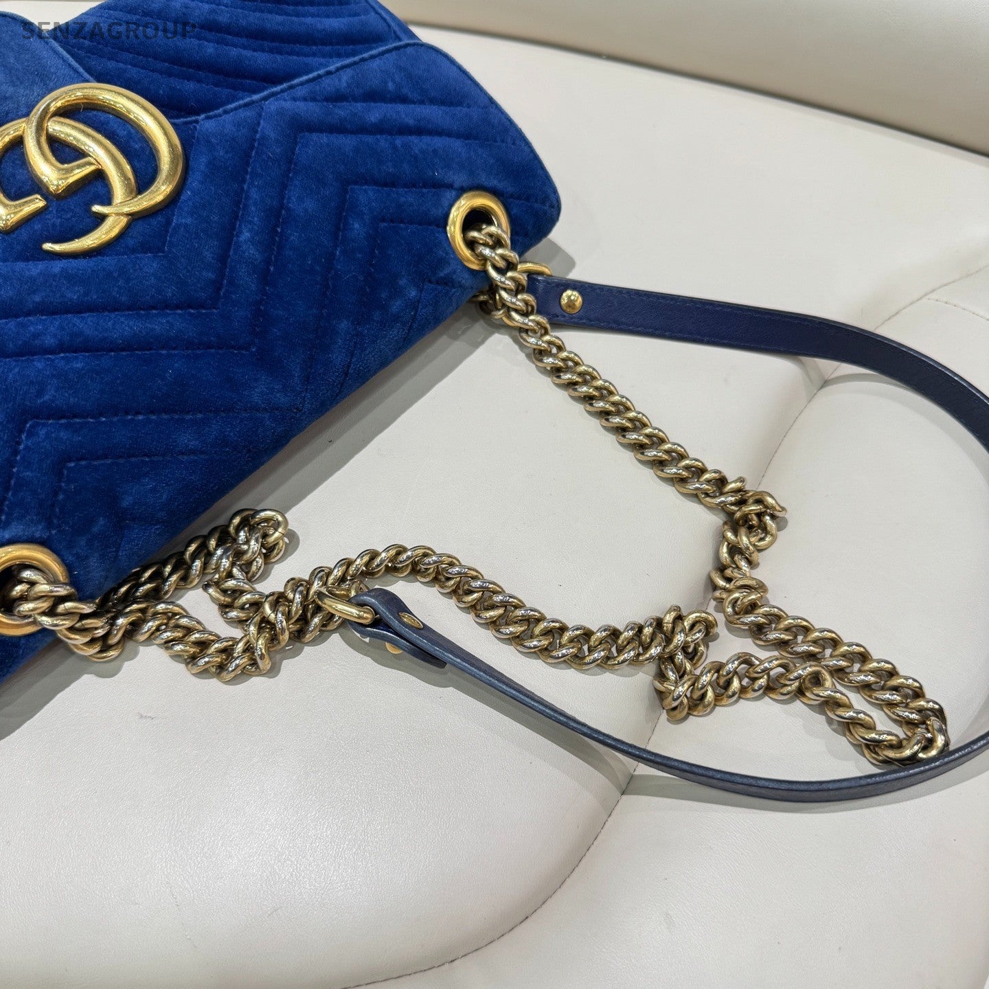 GUCCI GG Marmont 26 velvet Chain Shoulder bag Crossbody Blue Gold Women Classic