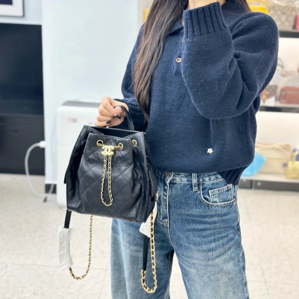 Chanel Calfskin Backpack PM Diamond Chain Top Handle Bag Black Gold Women S