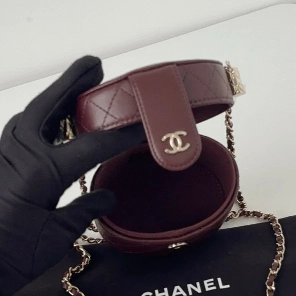 Excellent Chanel Cylindrical Makeup Box Mini Gold Chain Red Handbag Crossbody