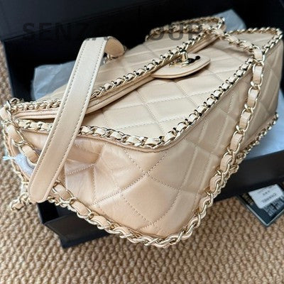 Chanel Classic Flap Beige Gold Hardware Quilted Chain Shoulder Bag