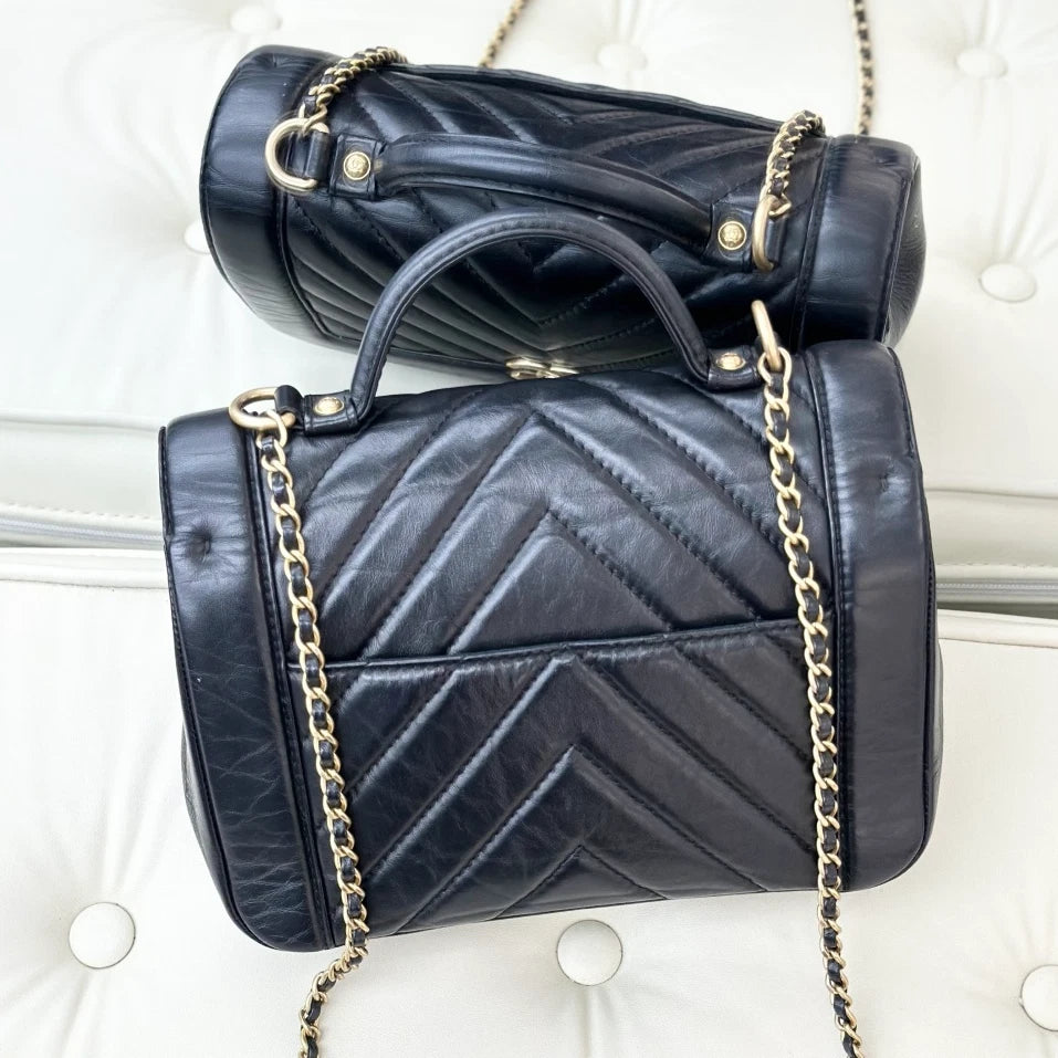 Chanel Calfskin Chevron Chain Crossbody Top Handle Bag Black Gold Women S